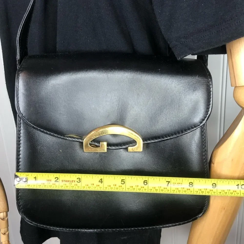 Vintage GUCCI Black Lambskin Leather Single Flap Gold Buckle Shoulder Bag